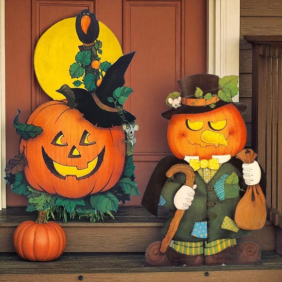 Vintage Halloween Pumpkin Die Cut Decorations Jack O Lantern Witch Hat 1980s - Picture 1 of 7